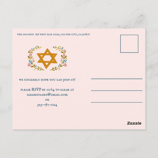 Bloemenkrans Bat Mitzvah Hand-getrokken Custom Briefkaart (Achterkant)