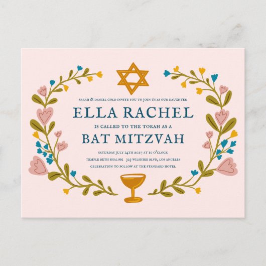 Bloemenkrans Bat Mitzvah Hand-getrokken Custom Briefkaart (Voorkant)