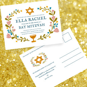 Bloemenkrans Bat Mitzvah Hand-getrokken Custom Briefkaart