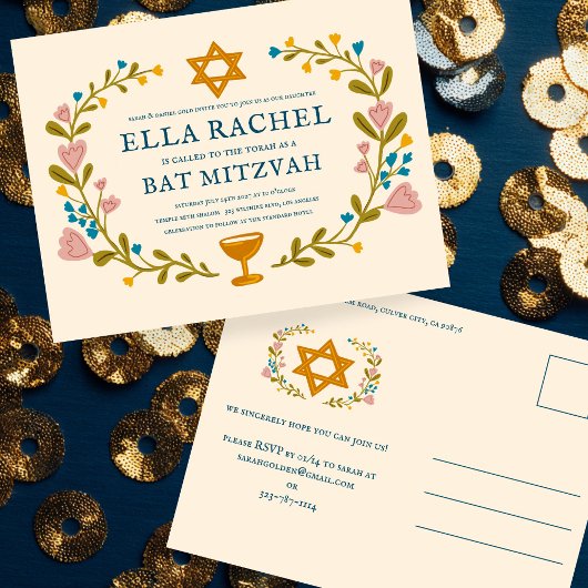 Bloemenkrans Bat Mitzvah Hand-getrokken Custom Briefkaart