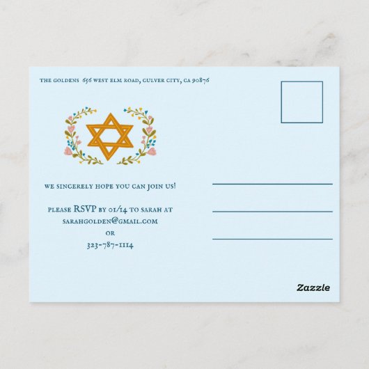Bloemenkrans Bat Mitzvah Hand-getrokken Custom Briefkaart (Achterkant)