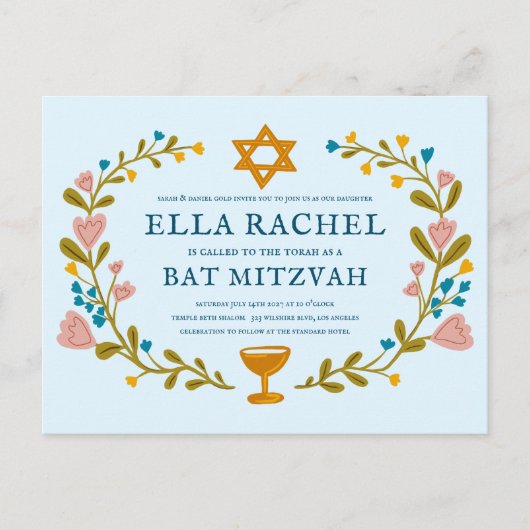 Bloemenkrans Bat Mitzvah Hand-getrokken Custom Briefkaart (Voorkant)