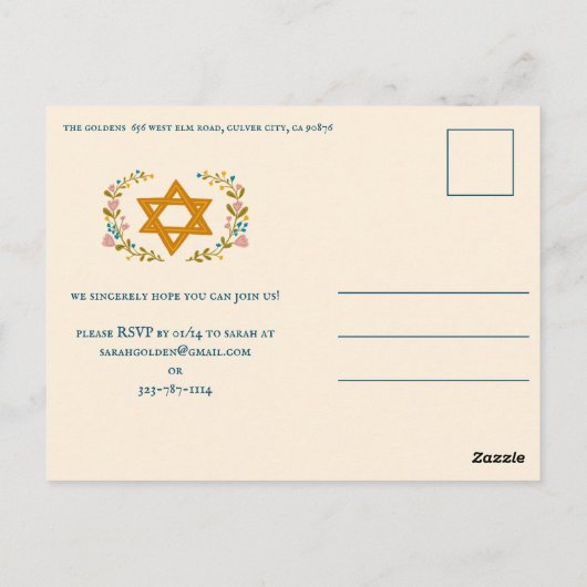 Bloemenkrans Bat Mitzvah Hand-getrokken Custom Briefkaart (Achterkant)