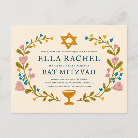 Bloemenkrans Bat Mitzvah Hand-getrokken Custom Briefkaart (Voorkant)