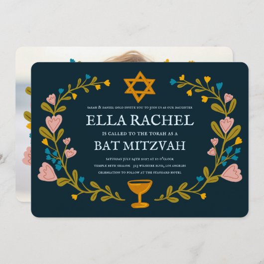 Bloemenkrans Bat Mitzvah Hand-getrokken Custom Kaart (Voorkant / Achterkant)