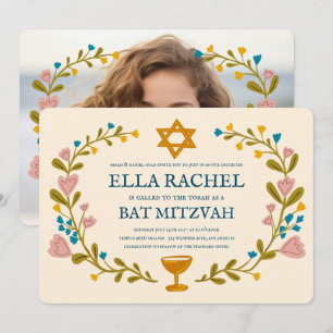 Bloemenkrans Bat Mitzvah Hand-getrokken Custom Kaart