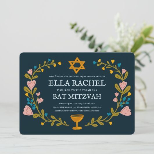 Bloemenkrans Bat Mitzvah Hand-getrokken Custom Kaart (Staand voorkant)