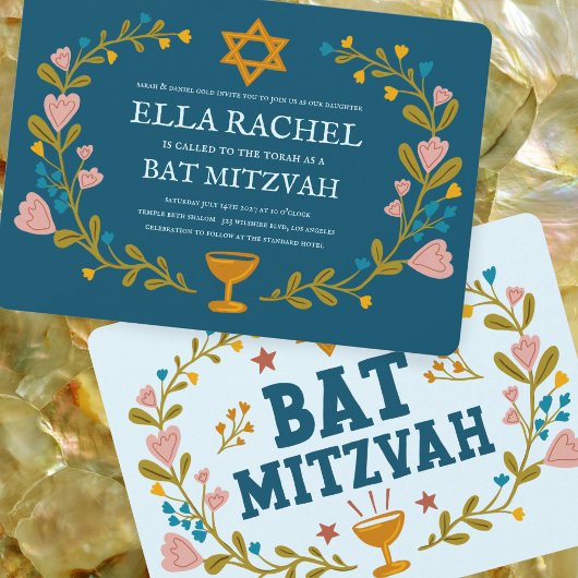Bloemenkrans Bat Mitzvah Hand-getrokken Custom Kaart