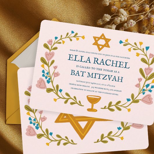 Bloemenkrans Bat Mitzvah Hand-getrokken Custom Kaart