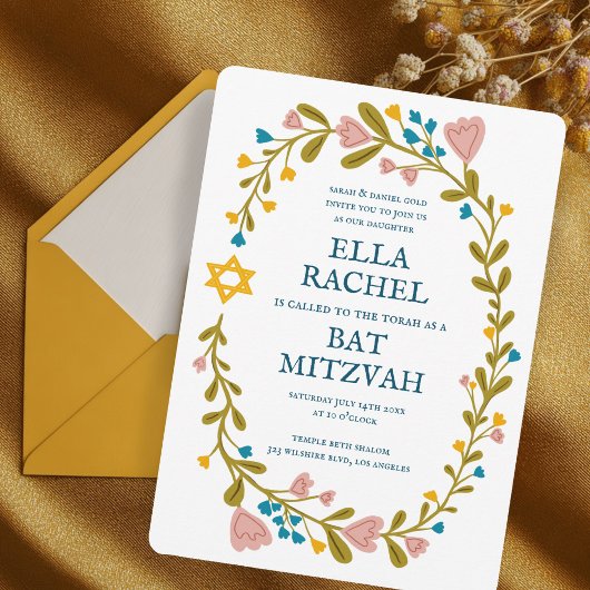 Bloemenkrans Bat Mitzvah Hand-getrokken Custom Kaart