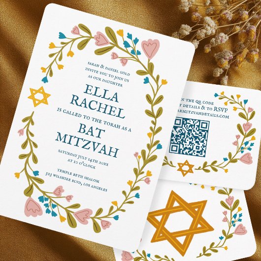 Bloemenkrans Bat Mitzvah Hand-getrokken Custom Kaart