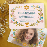 Bloemenkrans Bat Mitzvah Hand-getrokken Custom Kaart<br><div class="desc">Perfecte kaart om een bar mitswa, bat mitswa of andere Joodse viering aan te kondigen! Met de hand gemaakte kunst voor jou! VOLLEDIG ! Klik hierboven op "Personaliseren" om de tekst te bewerken en uw eigen foto aan de achterkant toe te voegen. Klik op "Bewerken met ontwerpgereedschap" om de lettertypen,...</div>