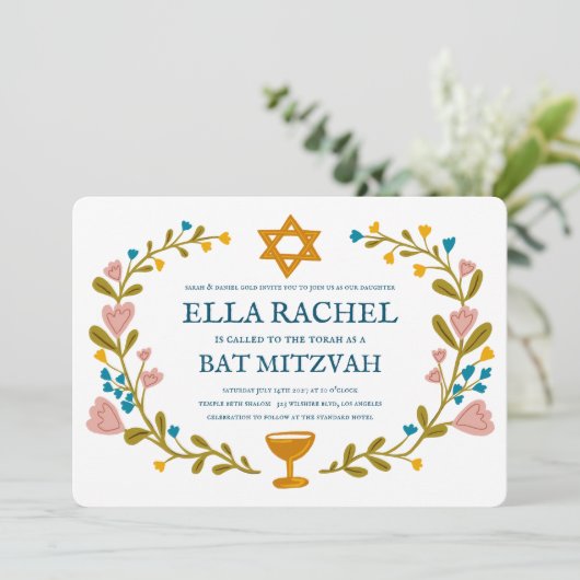 Bloemenkrans Bat Mitzvah Hand-getrokken Custom Kaart (Staand voorkant)