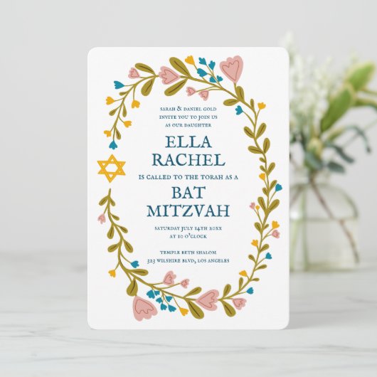 Bloemenkrans Bat Mitzvah Hand-getrokken Custom Kaart (Staand voorkant)