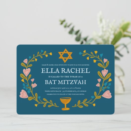 Bloemenkrans Bat Mitzvah Hand-getrokken Custom Kaart (Staand voorkant)