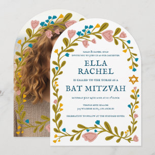 Bloemenkrans Bat Mitzvah Hand-getrokken Custom PHO Kaart