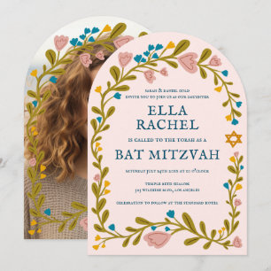 Bloemenkrans Bat Mitzvah Hand-getrokken Custom PHO Kaart