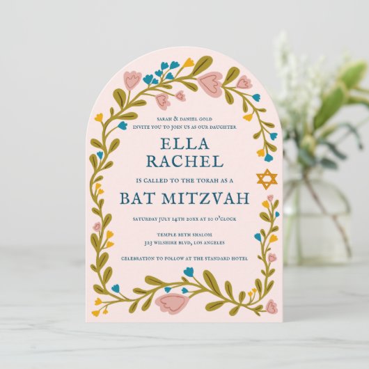 Bloemenkrans Bat Mitzvah Hand-getrokken Custom PHO Kaart (Staand voorkant)