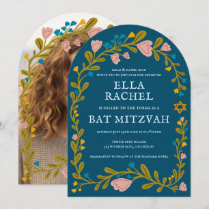Bloemenkrans Bat Mitzvah Hand-getrokken Custom PHO Kaart