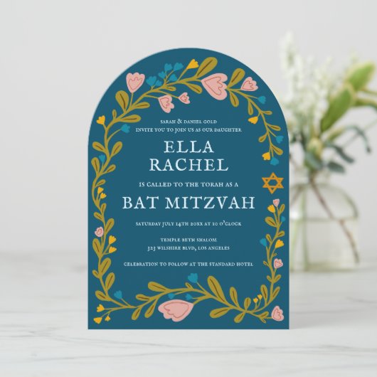 Bloemenkrans Bat Mitzvah Hand-getrokken Custom PHO Kaart (Staand voorkant)