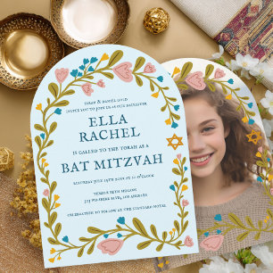 Bloemenkrans Bat Mitzvah Hand-getrokken Custom PHO Kaart