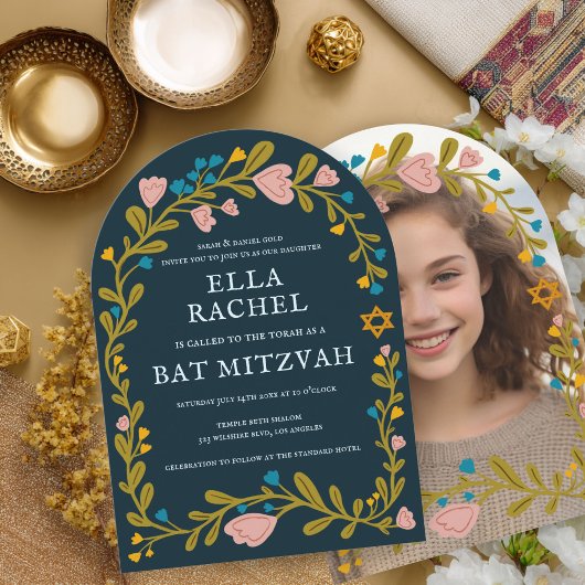 Bloemenkrans Bat Mitzvah Hand-getrokken Custom PHO Kaart