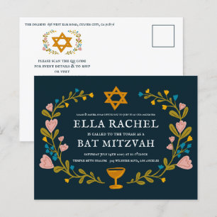 Bloemenkrans Bat Mitzvah Hand-getrokken Custom QRc Briefkaart
