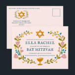 Bloemenkrans Bat Mitzvah Hand-getrokken Custom QRc Briefkaart<br><div class="desc">Een perfect briefkaart om een bar mitswa, bat mitswa of een ander joods feest aan te kondigen! Met de hand gemaakte kunst voor jou! VOLLEDIG ! Klik hierboven op "Personaliseer" om de tekst te bewerken en uw link toe te voegen aan de QR-code op de achterkant. Klik op "Bewerken met...</div>