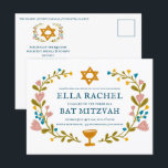 Bloemenkrans Bat Mitzvah Hand-getrokken Custom QRc Briefkaart<br><div class="desc">Een perfect briefkaart om een bar mitswa, bat mitswa of een ander joods feest aan te kondigen! Met de hand gemaakte kunst voor jou! VOLLEDIG ! Klik hierboven op "Personaliseer" om de tekst te bewerken en uw link toe te voegen aan de QR-code op de achterkant. Klik op "Bewerken met...</div>