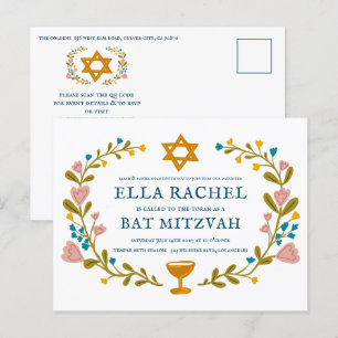 Bloemenkrans Bat Mitzvah Hand-getrokken Custom QRc Briefkaart