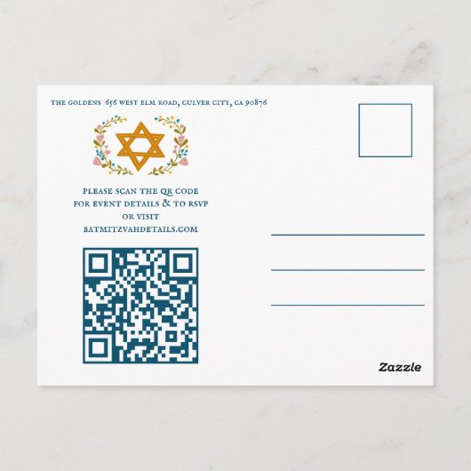 Bloemenkrans Bat Mitzvah Hand-getrokken Custom QRc Briefkaart (Achterkant)