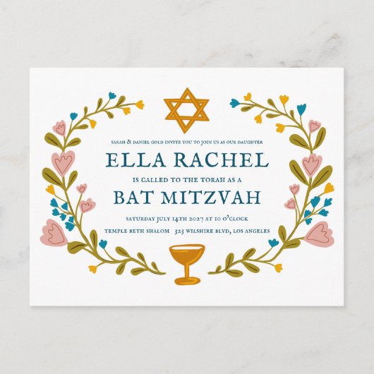 Bloemenkrans Bat Mitzvah Hand-getrokken Custom QRc Briefkaart (Voorkant)