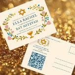 Bloemenkrans Bat Mitzvah Hand-getrokken Custom QRc Briefkaart<br><div class="desc">Een perfect briefkaart om een bar mitswa, bat mitswa of een ander joods feest aan te kondigen! Met de hand gemaakte kunst voor jou! VOLLEDIG ! Klik hierboven op "Personaliseer" om de tekst te bewerken en uw link toe te voegen aan de QR-code op de achterkant. Klik op "Bewerken met...</div>