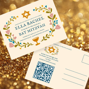 Bloemenkrans Bat Mitzvah Hand-getrokken Custom QRc Briefkaart