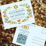 Bloemenkrans Bat Mitzvah Hand-getrokken Custom QRc Briefkaart<br><div class="desc">Een perfect briefkaart om een bar mitswa, bat mitswa of een ander joods feest aan te kondigen! Met de hand gemaakte kunst voor jou! VOLLEDIG ! Klik hierboven op "Personaliseer" om de tekst te bewerken en uw link toe te voegen aan de QR-code op de achterkant. Klik op "Bewerken met...</div>