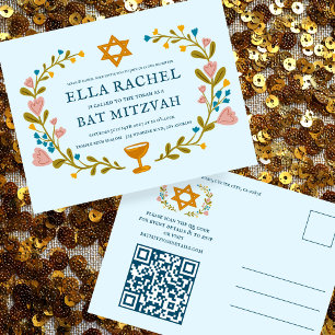 Bloemenkrans Bat Mitzvah Hand-getrokken Custom QRc Briefkaart