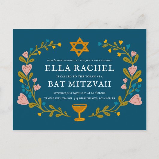 Bloemenkrans Bat Mitzvah Hand-getrokken Custom QRc Briefkaart (Voorkant)