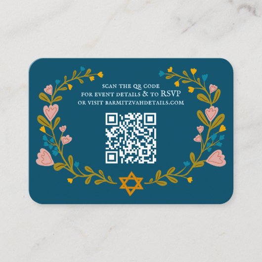 Bloemenkrans Bat Mitzvah Hand-getrokken Custom QRc Informatiekaartje (Voorkant)