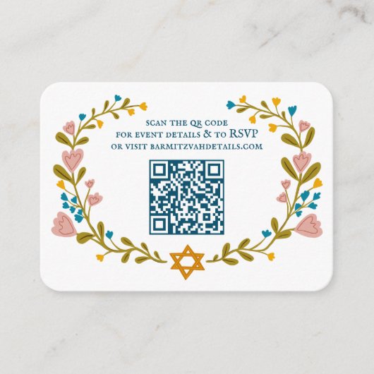 Bloemenkrans Bat Mitzvah Hand-getrokken Custom QRc Informatiekaartje (Voorkant)