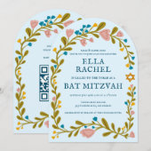 Bloemenkrans Bat Mitzvah Hand-getrokken Custom QRc Kaart (Voorkant / Achterkant)