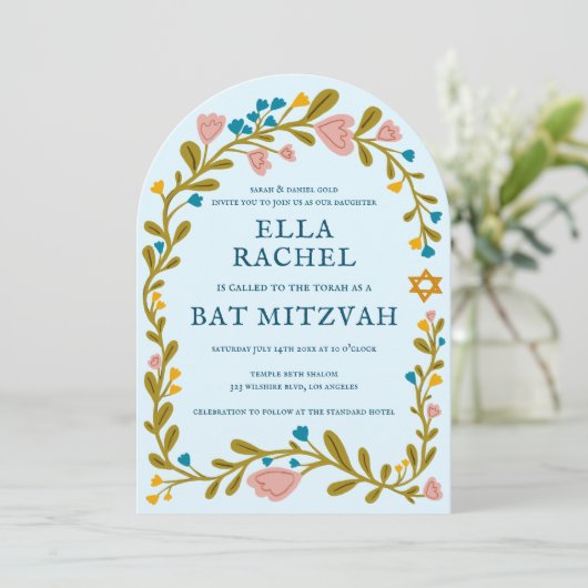 Bloemenkrans Bat Mitzvah Hand-getrokken Custom QRc Kaart (Staand voorkant)