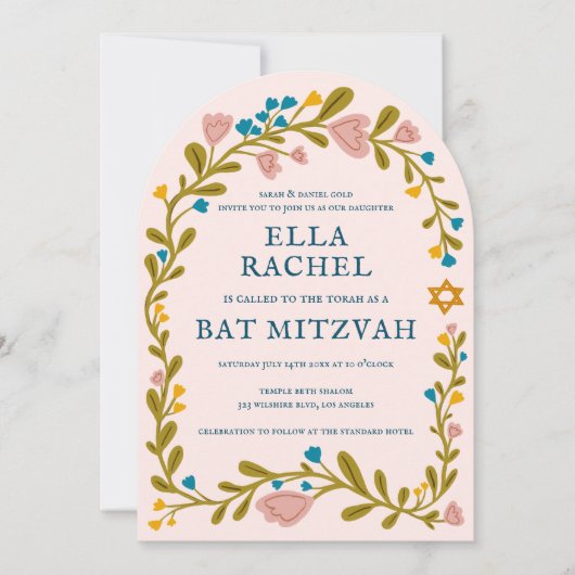Bloemenkrans Bat Mitzvah Hand-getrokken Custom QRc Kaart (Voorkant)