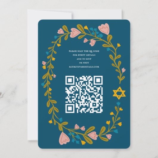 Bloemenkrans Bat Mitzvah Hand-getrokken Custom QRc Kaart (Achterkant)