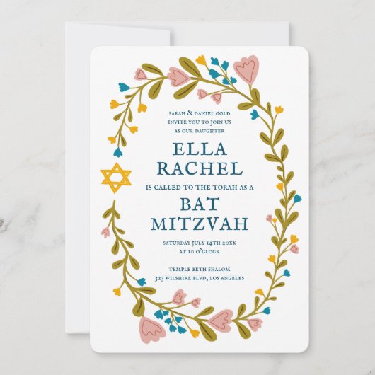 Bloemenkrans Bat Mitzvah Hand-getrokken Custom QRc Kaart (Voorkant)