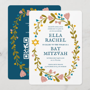 Bloemenkrans Bat Mitzvah Hand-getrokken Custom QRc Kaart