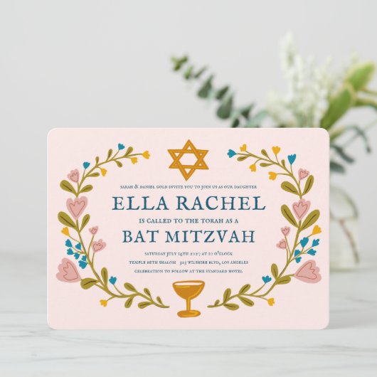 Bloemenkrans Bat Mitzvah Hand-getrokken Custom QRc Kaart (Staand voorkant)