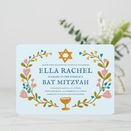 Bloemenkrans Bat Mitzvah Hand-getrokken Custom QRc Kaart (Staand voorkant)