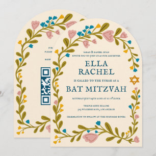 Bloemenkrans Bat Mitzvah Hand-getrokken Custom QRc Kaart
