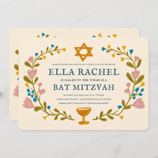 Bloemenkrans Bat Mitzvah Hand-getrokken Custom QRc Kaart (Voorkant / Achterkant)