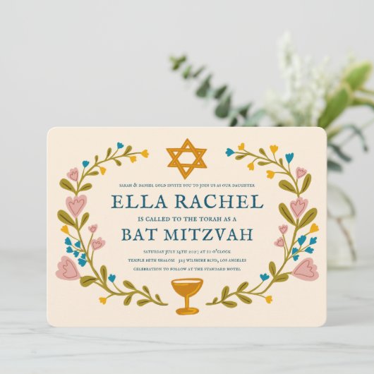 Bloemenkrans Bat Mitzvah Hand-getrokken Custom QRc Kaart (Staand voorkant)